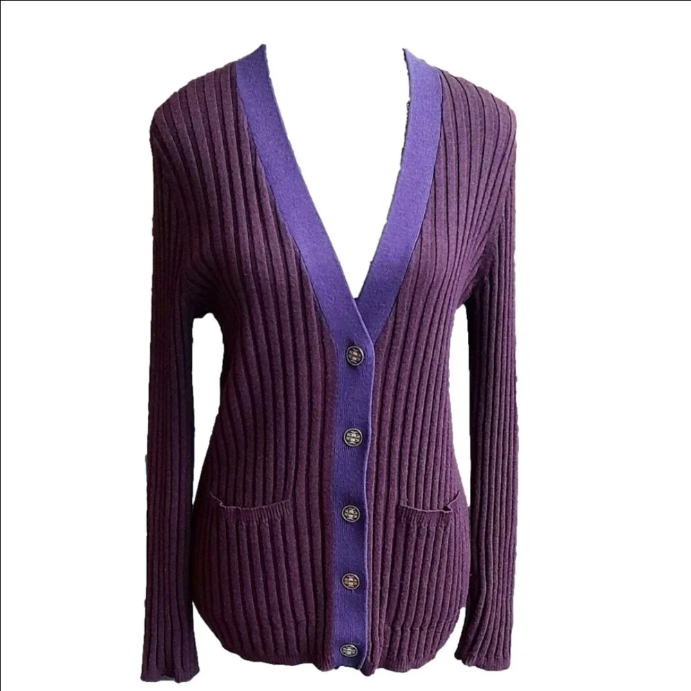 Tory Burch Cardigan Ribbed Burgundy with Purple Trim